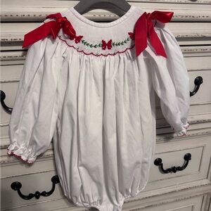 White and Red Long Sleeve Toddler Bubble with Bow Accents